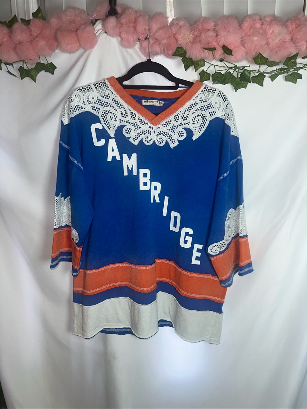 We The Free Blue & Orange V-Neck Pullover with Lace Overlay